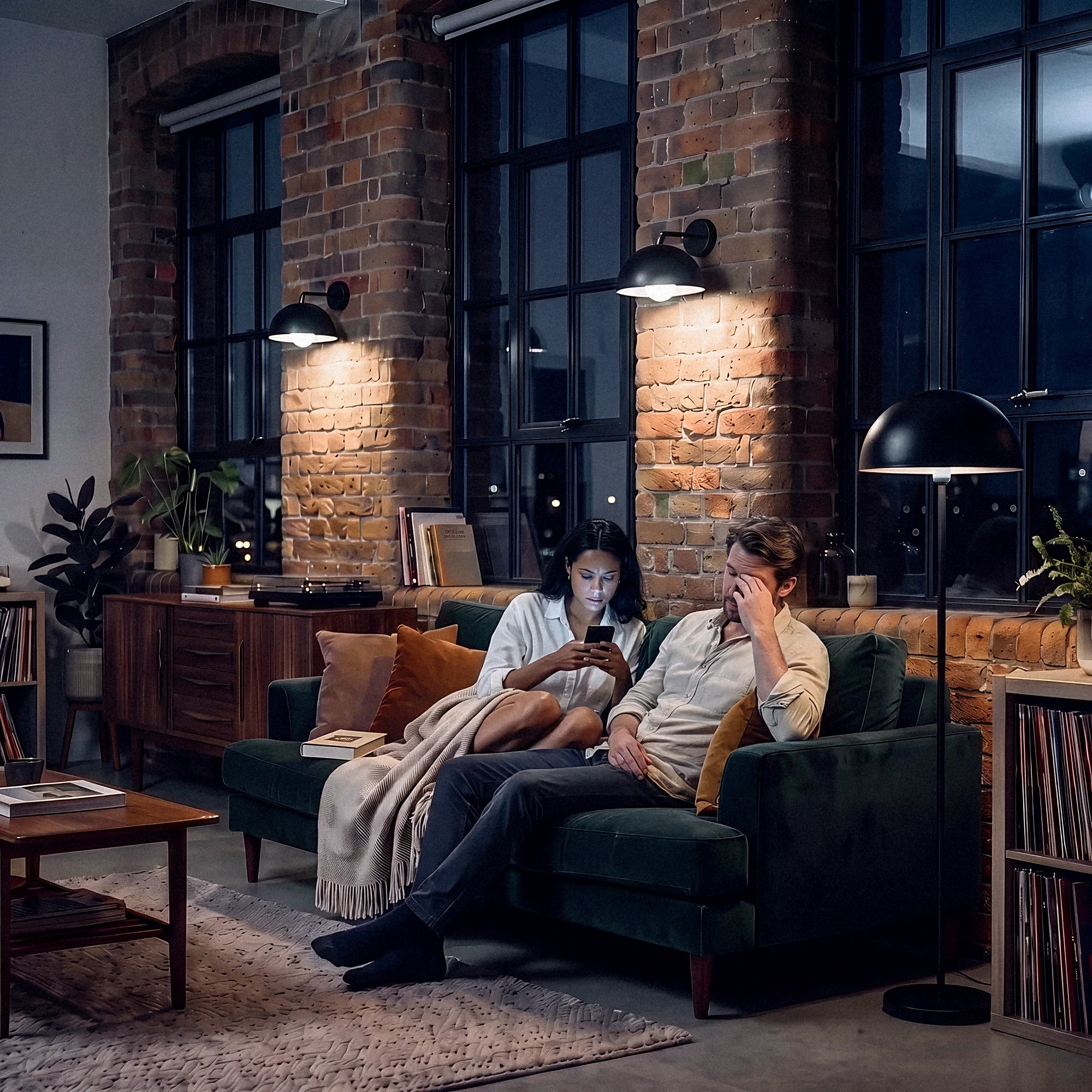 A living room at 9 PM under standard white LED light: a couple on the sofa, awake, tired and scrolling