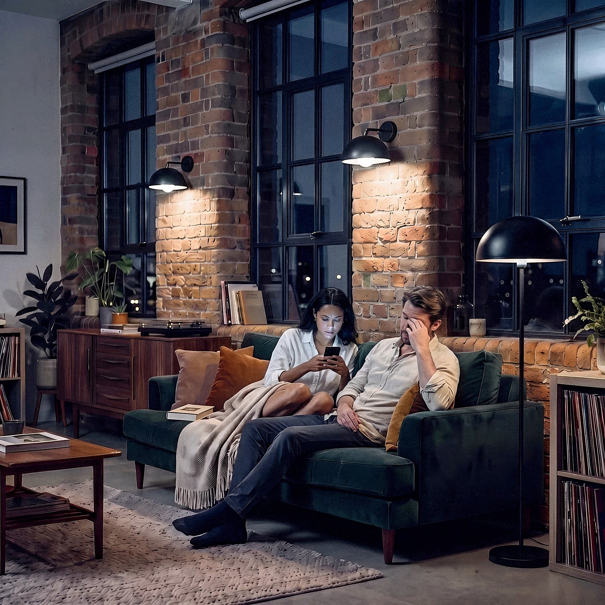 A living room at 9 PM under standard white LED light: a couple on the sofa, awake, tired and scrolling